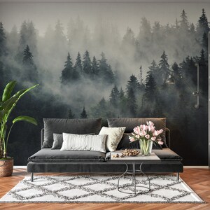 Misty Pine Tree Forest Landscape Peel and Stick Wallpaper Self Adhesive ...