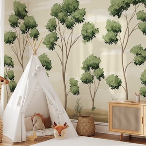 Watercolor Tree Forest Peel and Stick Wall Art Wallpaper Traditional Nursery Décor Fabric Woodland Decal - Custom Sizes Colors Mural #3325