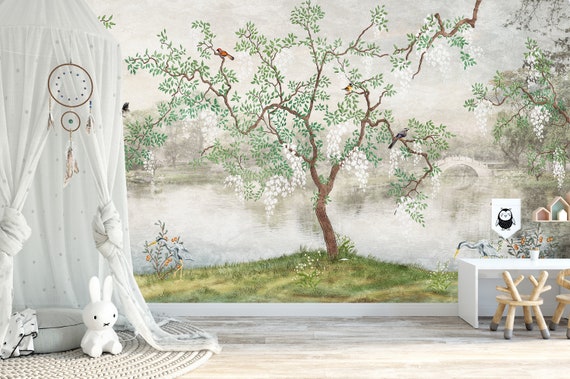 Japanese Peel and Stick Wallpaper Mural Tree Lake Chinoiserie