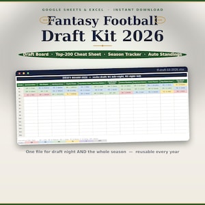 Fantasy Football Draft Kit 2026, Draft Board Spreadsheet Google Sheets Excel, Cheat Sheet Top 200, League Tracker Standings, Snake Draft