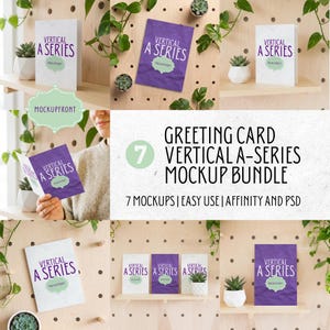 May include: A digital mockup bundle featuring seven vertical A-series greeting card templates. The collection includes various displays of white and purple cards with the text Vertical A Series and Mockupfront, compatible with Affinity and PSD.
