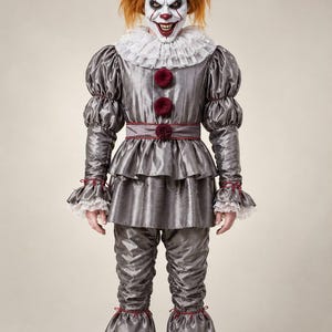 Pode incluir: Um traje de palhaço composto por uma túnica cinza metálica de manga comprida com gola branca de folhos, três pompons vermelho-escuros e calças cinzentas franzidas a condizer. O conjunto inclui uma máscara de palhaço detalhada com cabelo laranja e meias às riscas vermelhas e brancas.