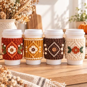 Puede incluir: Cuatro vasos de café desechables blancos con fundas de ganchillo texturizadas. Cada funda presenta un patrón de diamante central con una flor centrada en un botón. Las fundas son de color naranja quemado, amarillo mostaza, marrón y crema.