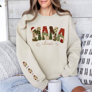 Custom Christmas Mama Shirt with Kids Names, Faux Patchwork Mama Sweatshirt, Personalized Christmas Gift for Mom, Plaid Mama Crewneck