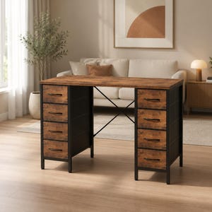May include: A rectangular desk with a rustic brown wood-grain finish top and a black metal frame. The desk features two side columns, each containing four stacked drawers with thin black handles. A black metal X-shaped support brace is visible.