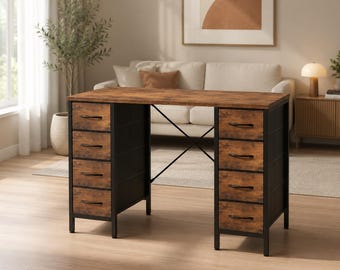 Escritorio con acabado de madera: mesa moderna para oficina, juegos o estudio con cajones.