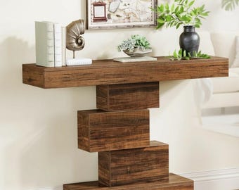 Mesa consola Little Tree – Mueble de entrada estrecho de madera estilo granja con base geométrica