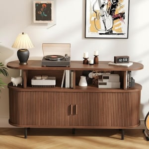 55-Zoll-Plattenspielerständer aus Walnussholz – Vinyl-Aufbewahrungsschrank im Mid-Century-Stil