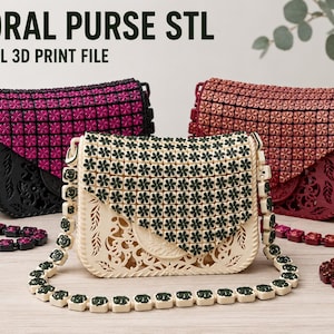 Puede incluir: Tres bolsos con patrones florales y correas de eslabones. El texto dice FLORAL PURSE STL DIGITAL 3D PRINT FILE. Un bolso es negro con flores magenta, uno es crema con flores verde oscuro y otro es rojo oscuro con flores a juego.