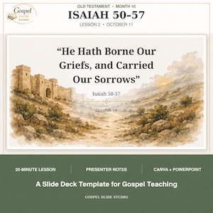 Puede incluir: Una plantilla de presentación digital con el texto "He Hath Borne Our Griefs, and Carried Our Sorrows" e "Isaiah 50-57". El diseño incluye una ilustración estilo acuarela de una antigua muralla de piedra sobre un paisaje desértico.
