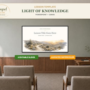 Pode incluir: Um modelo de aula digital intitulado Light of Knowledge para PowerPoint e Canva. A tela exibe uma paisagem em aquarela de um caminho sinuoso através de colinas ao pôr do sol com espaços para o título da aula e nome do palestrante.