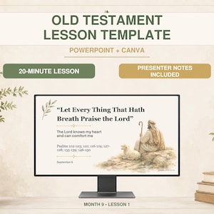 Puede incluir: Una plantilla digital de lección del Antiguo Testamento para PowerPoint y Canva en un monitor. La pantalla muestra el texto "Let Every Thing That Hath Breath Praise the Lord" junto a una ilustración de un pastor con un cordero.