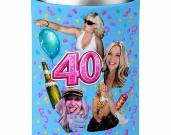 May include: A light blue foam can cooler featuring a collage of four photographs of a person, a green beer bottle, a teal balloon, and the number 40 in pink glittery text. The background is decorated with small pink and yellow confetti shapes.