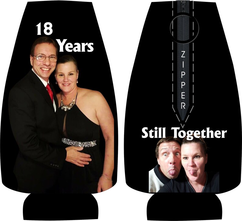 May include: Two black can coolers with images of a couple. The left cooler has a photo of the couple dressed up and the text "18 Years". The right cooler has a photo of the couple making silly faces and the text "Still Together" with a zipper design.