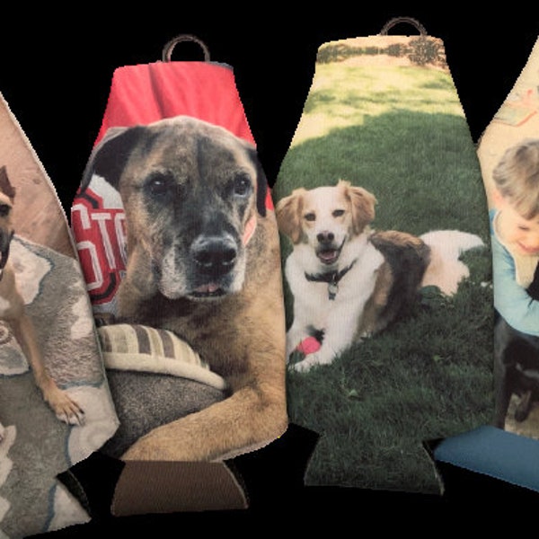 personzalized bottle cooler, custom bottle huggie, photo bottle coolie with dog cooler with cat