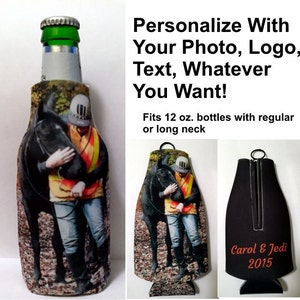 May include: A black and white photo of a person with a horse is printed on a black neoprene bottle cooler. The cooler is designed to fit 12 ounce bottles with regular or long necks. The text "Carol & Jedi 2015" is printed on the cooler.