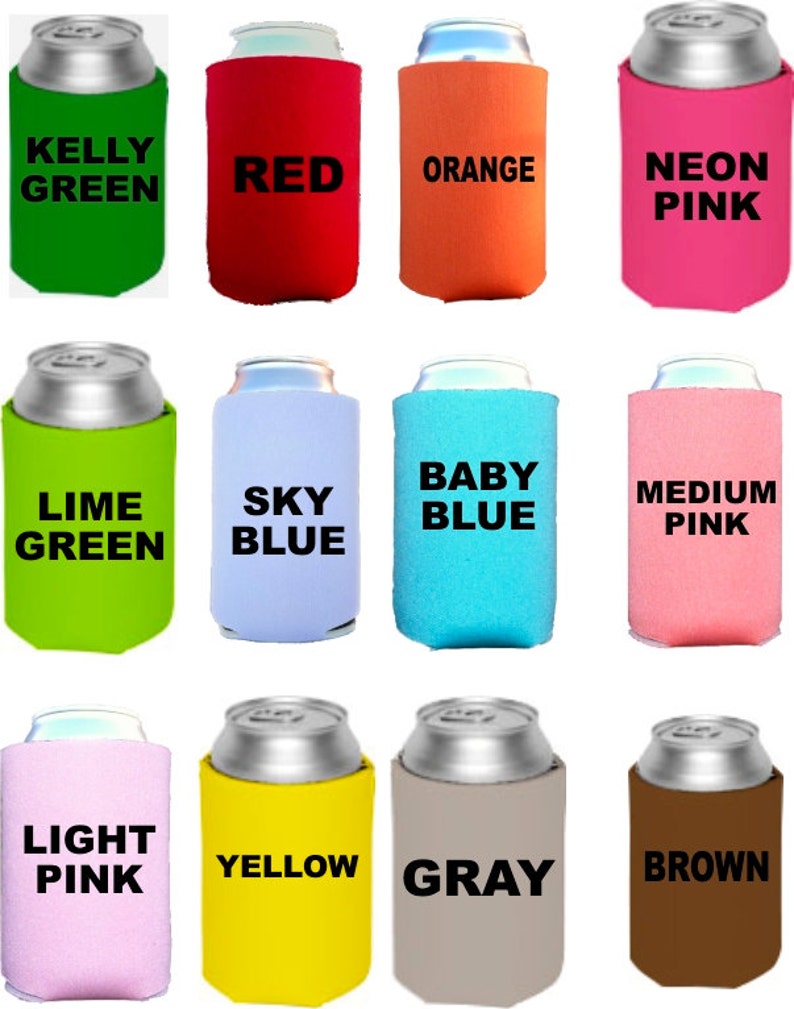 K&ouml;nnte beinhalten: Zw&ouml;lf verschiedene farbige Getr&auml;nkedosenk&uuml;hler mit verschiedenen Farbnamen darauf gedruckt. Die Farben umfassen Kellygr&uuml;n, Rot, Orange, Neonpink, Limettengr&uuml;n, Himmelblau, Babyblau, Mittelrosa, Hellrosa, Gelb, Grau und Braun.