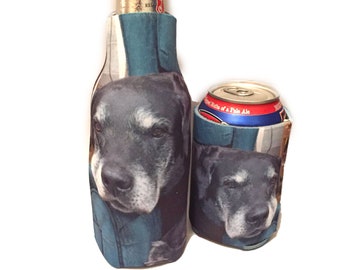 Personalized Pet Cozie Customized With Your Photo and writing with dog with face for bottle or can