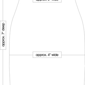 May include: A printable template for a fabric gift bag with measurements in inches. The bag is approximately 7 inches deep, 4 inches wide at the bottom, and 3 inches wide at the top.