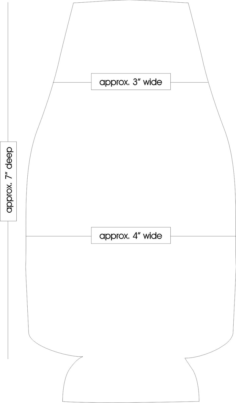 May include: A printable template for a fabric gift bag with measurements in inches. The bag is approximately 7 inches deep, 4 inches wide at the bottom, and 3 inches wide at the top.