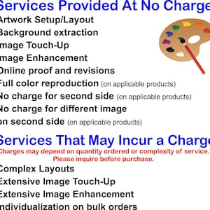 May include: A list of services provided at no charge and services that may incur a charge. The services include artwork setup, background extraction, image touch-up, image enhancement, online proof and revisions, full color reproduction, no charge for second side, and no charge for different image on second side. The services that may incur a charge include complex layouts, extensive image touch-up, extensive image enhancement, and individualization on bulk orders.