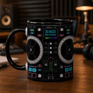 May include: A black ceramic mug featuring a graphic print of a DJ mixing console. The design includes two circular turntables, various control knobs, sliders, and a central display screen with the text DJ ALEX DROP THE BEAT in cyan letters.