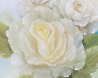 Peinture à l'huile blanche de roses douces sur toile de boîte