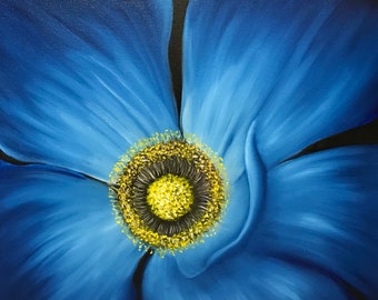 Grande peinture à l’huile de toile de pavot bleu 50 x 50 cm