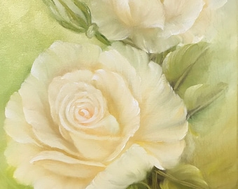 Peinture à l'huile blanche de roses douces sur toile de boîte