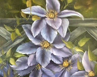 Blue Clematis Oil Painting on Box Canvas