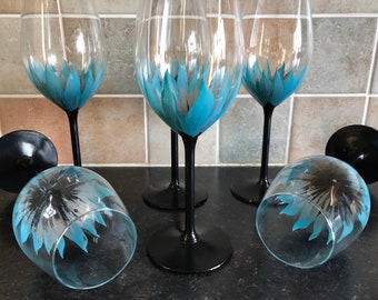 Wedding Anniversary Brides Maid  Party Hand Painted Wine Glasses set of 6 Teal/Blue