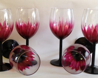 Wedding Anniversary Gold & Burgundy Hand Painted Wine Glasses set of 6, Gift, Table Decoration