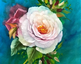 Large Pink Rose Oil Painting, box canvas