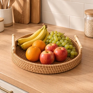 Rattan Serving Tray with Wooden Handles, Woven Fruit Basket, Round Coffee Table Tray, Bread Storage Basket, Kitchen Home Organizer