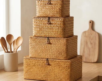 Handwoven Seagrass Storage Basket with Lid, Wicker Organizer Box, Natural Shelf Basket, Bathroom Bedroom Nursery Storage Bin