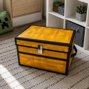May include: A rectangular storage chest featuring a yellow and orange pixelated pattern with black trim along the edges and a central silver-colored latch. The chest has a flat lid and black side handles, designed for organizing items in a room.