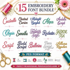 15 PES Embroidery Font Bundle, Script Cursive Machine Embroidery Fonts, Alphabet Letters, Numbers & Symbols, Instant Download