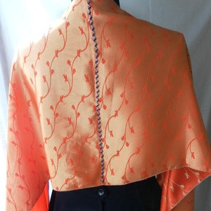 Orange gold satin sari reversible handmade hand beaded formal shawl