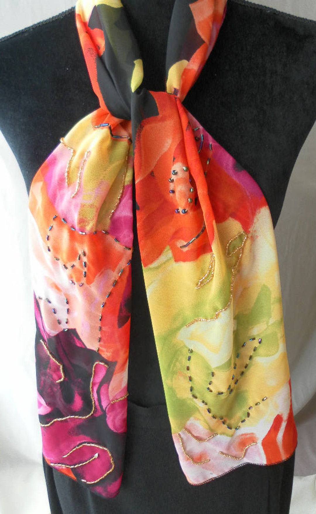 Orange Black Yellow Large Flowers Chiffon Handmade Hand