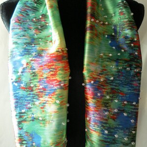 Green blue yellow red varigated lines satin handmade hand beaded scarf
