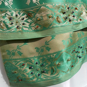 Green gold reversible satin sari handmade hand beaded scarf