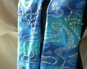 Blue waves chiffon handmade hand beaded scarf