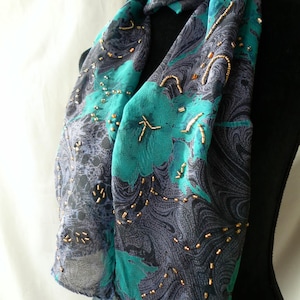 Black green blue flowers rayon chiffon handmade hand beaded scarf