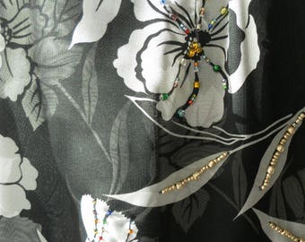 Black white flowers chiffon handmade hand beaded scarf