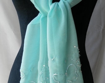 Aqua metallic weave chiffon butterflies handmade hand beaded  scarf