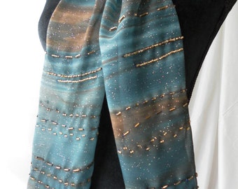Turquoise brown sparkles waves chiffon handmade hand beaded scarf