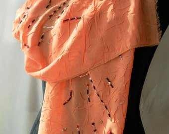Apricot chiffon handmade hand beaded scarf