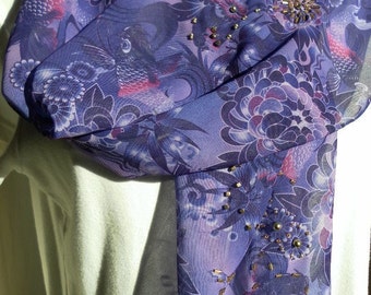 Purple pink koi and flowers chiffon handmade hand beaded scarf