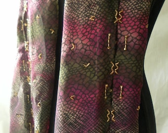 Dark pink, brown, black reptile print chiffon handmade hand beaded scarf