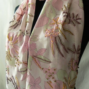 Pink green flowers chiffon handmade hand beaded scarf